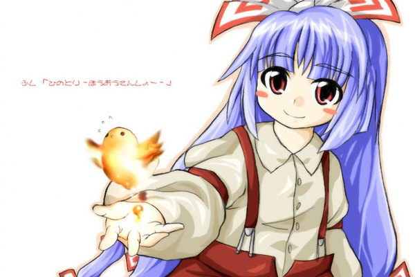 Anime picture 1500x1000 with touhou fujiwara no mokou single long hair looking at viewer blush fringe smile red eyes white background holding payot blue hair long sleeves head tilt outstretched hand bird on hand girl animal shirt