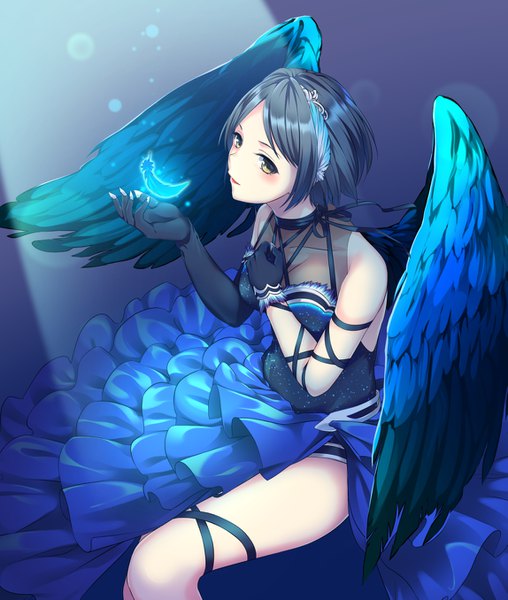 Anime picture 1147x1355 with idolmaster idolmaster cinderella girls hayami kanade loco 65 o1o1 single tall image looking at viewer blush short hair breasts black hair bare shoulders brown eyes from above dark background side slit blue-winged maiden girl dress gloves