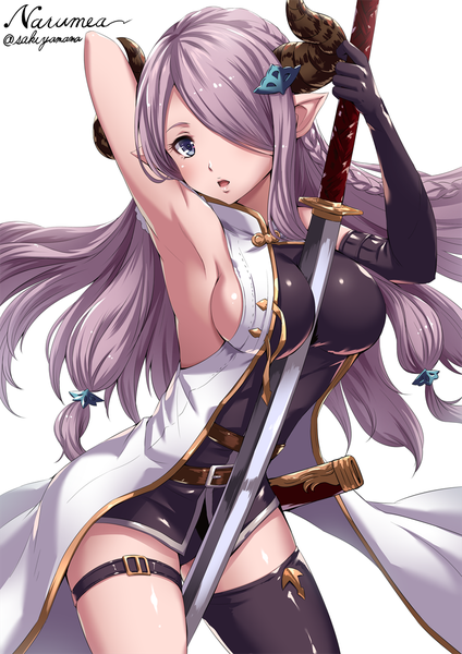 Anime picture 800x1131 with granblue fantasy narmaya (granblue fantasy) sakiyamama single long hair tall image looking at viewer fringe breasts open mouth blue eyes light erotic simple background large breasts white background holding signed purple hair braid (braids) head tilt