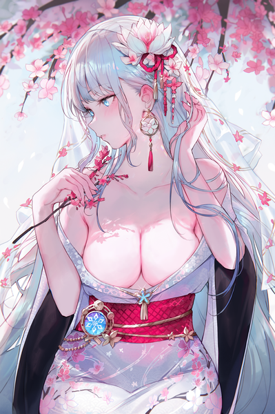Anime picture 3060x4600 with genshin impact kamisato ayaka qiandaiyiyu single long hair tall image fringe highres breasts blue eyes light erotic large breasts sitting holding looking away absurdres silver hair blunt bangs traditional clothes japanese clothes