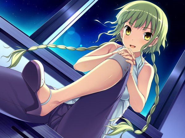 Anime picture 1600x1200 with worlds and world's end tsukishima midori amakura single long hair open mouth twintails yellow eyes game cg green hair girl
