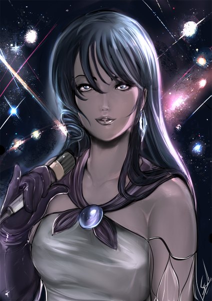 Anime picture 919x1300 with macross lynn minmay tagme (artist) single long hair tall image looking at viewer bare shoulders blue hair light smile lips looking up silver eyes girl gloves earrings elbow gloves star (stars) microphone