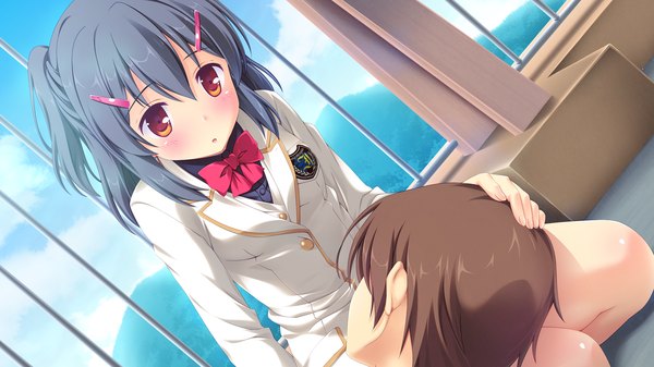 Anime picture 1920x1080 with melty moment fujibayashi misao blush highres short hair black hair brown hair wide image brown eyes game cg couple girl boy uniform hair ornament school uniform hairclip
