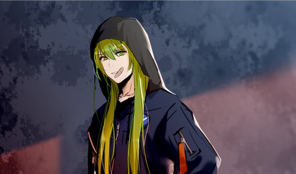 Anime picture 1492x880 with fate (series) fate/strange fake enkidu (fate) rrr (reason) single long hair looking at viewer fringe hair between eyes wide image green eyes upper body green hair androgynous bandaid on face contemporary boy hood bandaid