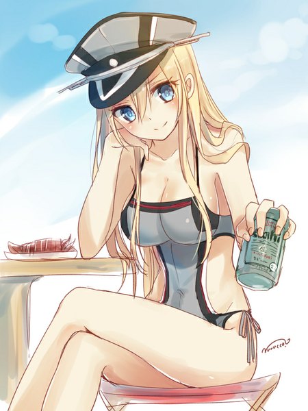 Anime picture 600x800 with kantai collection asahi (company) asahi (beer) bismarck battleship nunucco single long hair tall image looking at viewer blush blue eyes light erotic blonde hair smile sitting sky arm support crossed legs summer girl