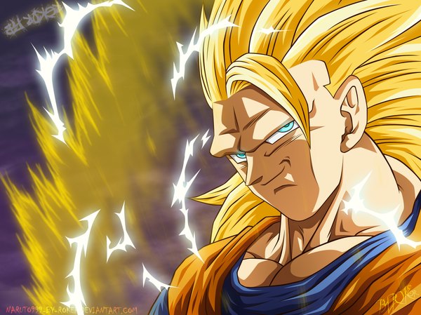 Anime picture 1210x906 with dragon ball dragon ball z son goku naruto999-by-roker single long hair blonde hair smile cloud (clouds) aqua eyes night night sky coloring magic muscle electricity boy