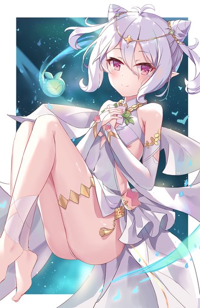 Anime picture 1301x2000 with princess connect! re:dive princess connect! kokkoro (princess connect!) serika single tall image looking at viewer blush fringe short hair light erotic smile hair between eyes purple eyes twintails silver hair barefoot pointy ears bare legs hair bun (hair buns)