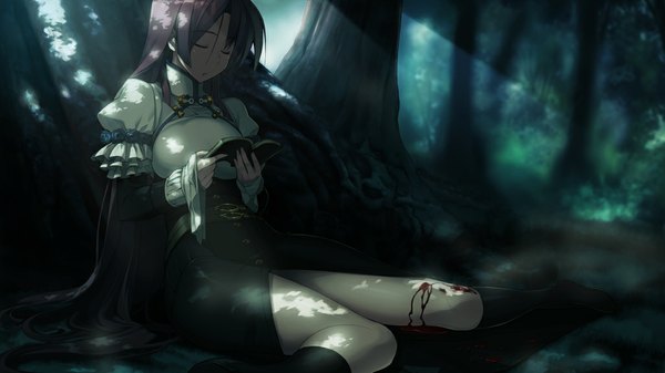 Anime picture 1024x576 with full metal daemon muramasa nitroplus ootori kanae single long hair breasts wide image large breasts sitting pink hair eyes closed night girl dress plant (plants) tree (trees) book (books) blood forest