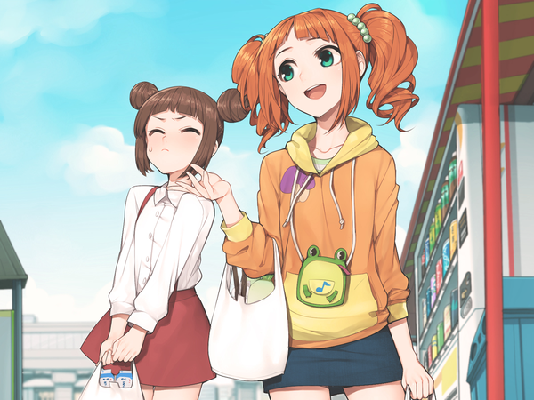 Anime picture 1200x900 with idolmaster takatsuki yayoi takatsuki kasumi hitoto blush short hair brown hair twintails multiple girls green eyes eyes closed orange hair hair bun (hair buns) girl skirt 2 girls