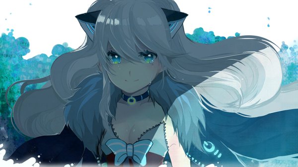 Anime picture 1600x900 with vocaloid seeu gombang single long hair looking at viewer wide image aqua eyes light smile wind grey hair tears close-up girl dress hair ornament bow jacket fur ring