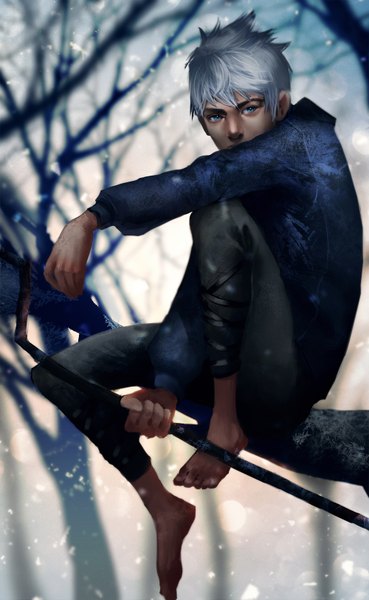 Anime picture 1000x1625 with rise of the guardians dreamworks jack frost (rise of the guardians) luna133 single tall image short hair blue eyes sitting barefoot snowing winter boy plant (plants) tree (trees) branch