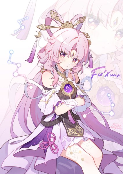 Anime picture 1200x1698 with honkai: star rail honkai (series) fu xuan (honkai: star rail) gou lianlian dogface single tall image looking at viewer sitting twintails pink hair very long hair pink eyes character names low twintails crossed arms zoom layer hair rings forehead mark girl hairpin (hairpins)