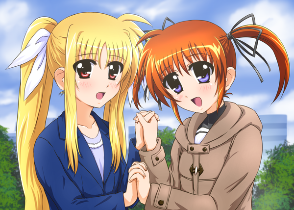 Anime picture 1470x1051 with mahou shoujo lyrical nanoha fate testarossa takamachi nanoha diesel-turbo long hair blush short hair open mouth blonde hair red eyes purple eyes twintails multiple girls orange hair holding hands girl ribbon (ribbons) 2 girls hair ribbon