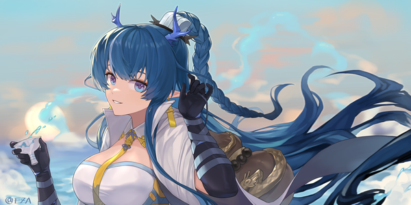 Anime picture 4724x2362 with arknights ling (arknights) yowza single looking at viewer fringe highres blue eyes smile wide image blue hair absurdres cleavage upper body outdoors braid (braids) very long hair horn (horns) wind pointy ears