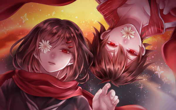 Anime picture 2400x1500 with kagerou project shaft (studio) tateyama ayano kisaragi shintarou ind (kagamine_97) looking at viewer fringe highres short hair hair between eyes red eyes brown hair sky upper body lying parted lips from above on back gradient background open collar