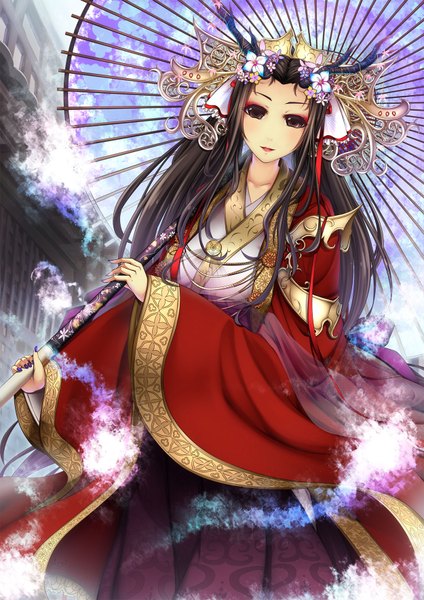 Anime picture 1250x1768 with original iwayuu single long hair tall image looking at viewer black hair brown eyes nail polish traditional clothes japanese clothes hair flower horn (horns) fingernails lips from below glowing makeup girl hair ornament