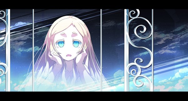 Anime picture 1420x760 with original asakura masatoki single long hair looking at viewer blue eyes blonde hair wide image sky cloud (clouds) reflection letterboxed girl window