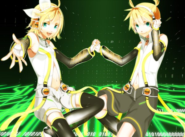 Anime picture 1500x1110 with vocaloid kagamine rin kagamine len short hair open mouth blonde hair smile green eyes holding hands girl boy detached sleeves shorts headphones