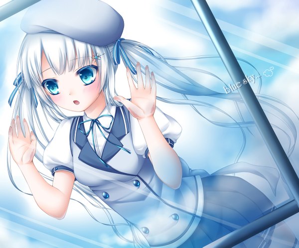 Anime picture 1400x1163 with original shitou single long hair blush open mouth blue eyes twintails white hair girl skirt miniskirt beret