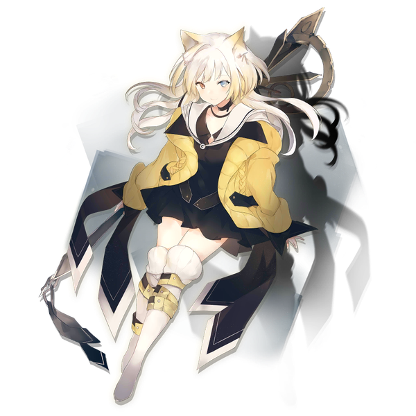 Anime picture 1024x1024 with arknights nightmare (arknights) lpip single long hair looking at viewer blonde hair smile animal ears full body official art zettai ryouiki heterochromia transparent background elite ii (arknights) girl weapon choker boots thigh boots