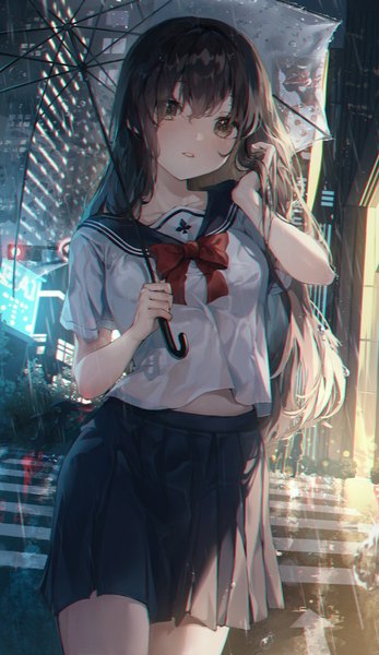 Anime picture 1000x1727 with original ttosom single long hair tall image looking at viewer blush fringe hair between eyes brown hair standing holding brown eyes outdoors parted lips pleated skirt night short sleeves city adjusting hair