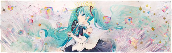 Anime picture 3831x1200 with vocaloid magical mirai (vocaloid) hatsune miku magical mirai miku magical mirai miku (2017) ixima single highres wide image twintails looking away very long hair aqua eyes light smile wind aqua hair traditional media girl skirt detached sleeves