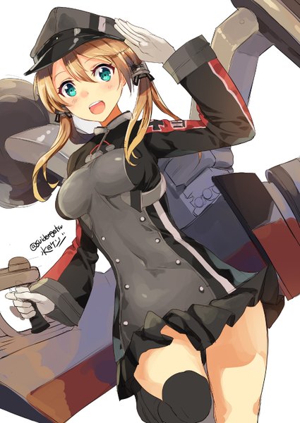 Anime picture 1020x1440 with kantai collection prinz eugen (kantai collection) mizuta kenji (suidengetsu) single long hair tall image looking at viewer blush open mouth blonde hair simple background white background twintails signed salute girl skirt gloves uniform miniskirt