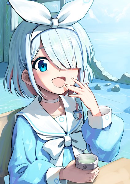 Anime picture 3969x5613 with blue archive arona (blue archive) karadborg single tall image fringe highres short hair open mouth blue eyes absurdres silver hair :d hair over one eye hand to mouth girl uniform ribbon (ribbons) hair ribbon choker