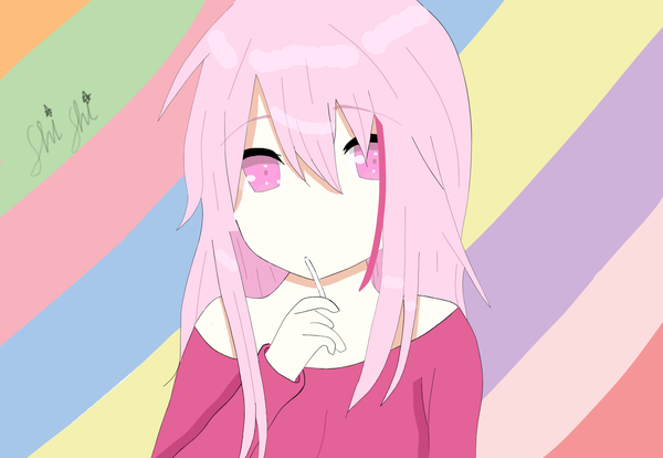 Anime picture 1500x1034 with original shishi gum single long hair looking at viewer fringe simple background hair between eyes signed pink hair upper body long sleeves pink eyes multicolored hair off shoulder two-tone hair streaked hair cute food in mouth girl
