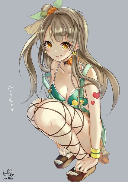 Anime picture 700x990 with love live! school idol project sunrise (studio) love live! minami kotori pisuke single long hair tall image looking at viewer blush breasts light erotic simple background brown hair signed nail polish grey background orange eyes tattoo one side up