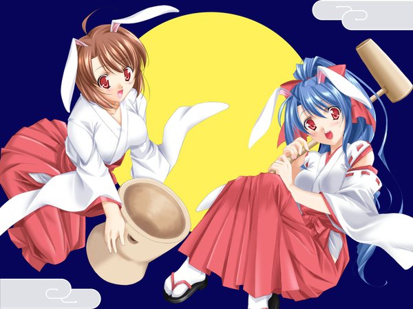 Anime picture 1024x768 with original animal ears japanese clothes bunny ears miko moon wagashi mochi mallet kine