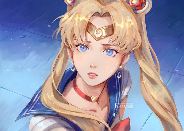 Anime picture 1125x800 with bishoujo senshi sailor moon toei animation tsukino usagi sailor moon clivenzu single long hair blue eyes blonde hair twintails signed looking away parted lips sailor collar magical girl meme screencap redraw sailor moon redraw challenge girl earrings