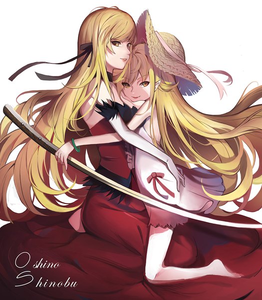 Anime picture 1000x1143 with bakemonogatari nisemonogatari kizumonogatari shaft (studio) monogatari (series) oshino shinobu kissshot acerolaorion heartunderblade hango long hair tall image looking at viewer blonde hair simple background smile white background sitting bare shoulders multiple girls holding yellow eyes