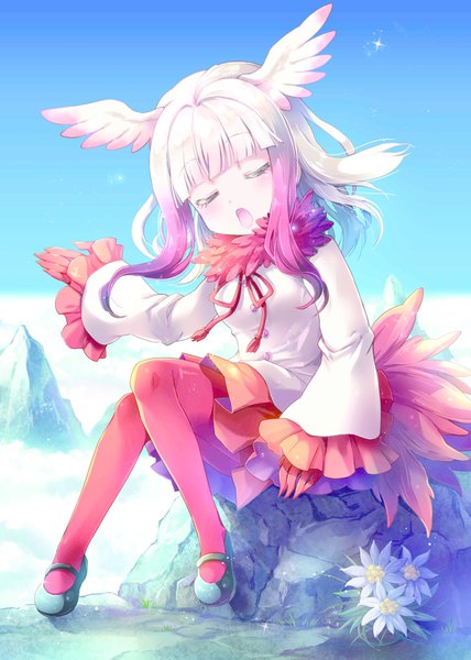 Anime picture 2976x4175 with kemono friends crested ibis (kemono friends) yamadori ofuu single long hair tall image blush fringe highres open mouth sitting payot pink hair full body white hair blunt bangs eyes closed multicolored hair two-tone hair streaked hair