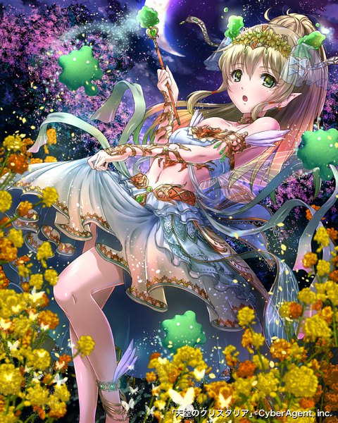 Anime picture 800x1000 with tenkuu no crystalia sakiyamama single long hair tall image looking at viewer blush fringe open mouth hair between eyes standing bare shoulders holding green eyes payot cloud (clouds) outdoors ponytail multicolored hair wind