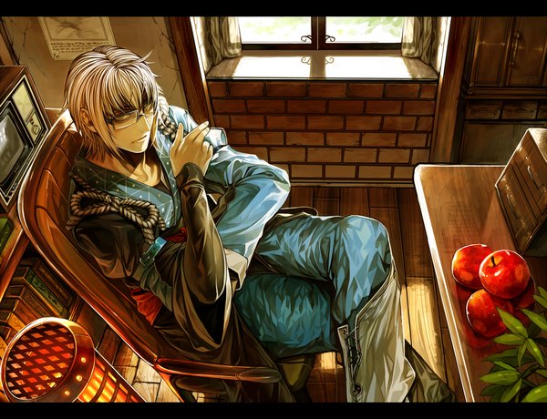 Anime picture 1666x1280 with touhou morichika rinnosuke irohara mitabi single short hair sitting yellow eyes ahoge white hair indoors from above crossed legs boy glasses window book (books) chair table fruit shelf