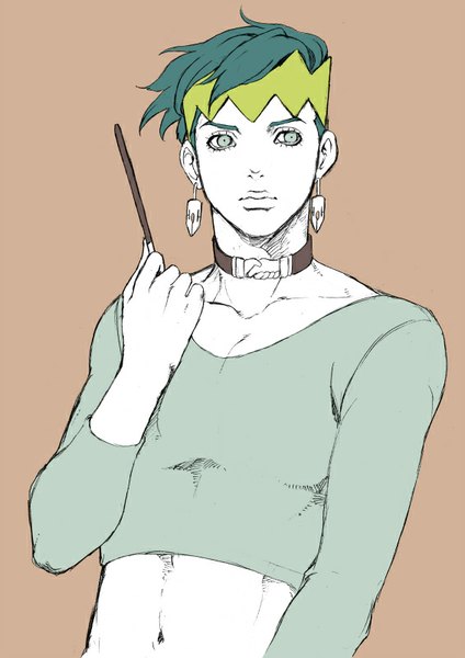 Anime picture 566x800 with jojo no kimyou na bouken kishibe rohan chounorin single tall image short hair simple background looking away green hair bare belly brown background partially colored boy navel earrings choker food hairband sweets pocky