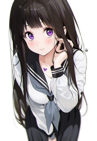 Anime picture 1500x2167 with hyouka kyoto animation chitanda eru mery (yangmalgage) single long hair tall image looking at viewer blush fringe black hair simple background standing white background purple eyes signed blunt bangs long sleeves arm up blurry