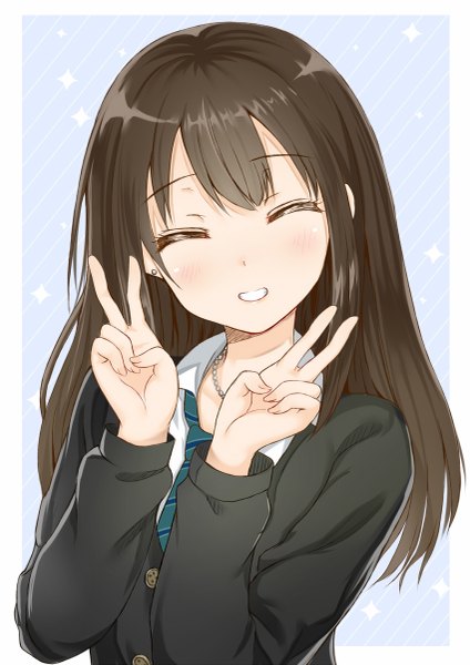 Anime picture 849x1200 with idolmaster idolmaster cinderella girls shibuya rin arudehido single long hair tall image blush fringe open mouth brown hair eyes closed victory open collar clenched teeth girl uniform school uniform necktie pendant
