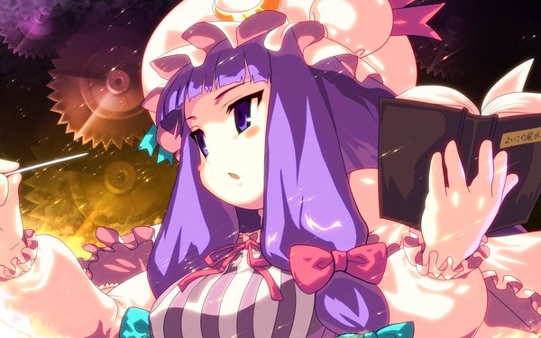 Anime picture 1920x1200 with touhou yn red single long hair highres wide image purple eyes purple hair girl ribbon (ribbons) bow hair bow hair ribbon book (books) bonnet gears