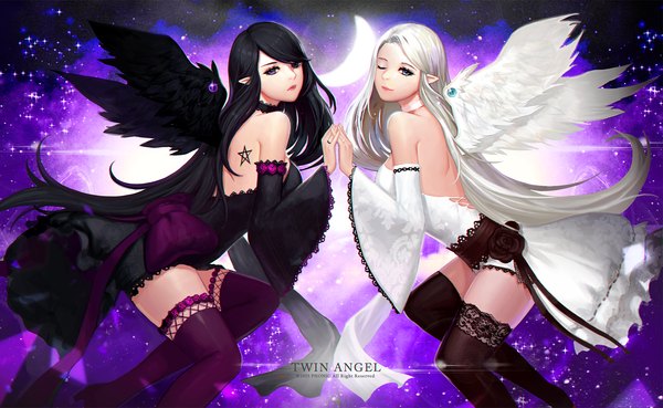 Anime picture 1484x914 with original phonic long hair looking at viewer fringe blue eyes black hair wide image purple eyes bare shoulders multiple girls bent knee (knees) white hair one eye closed pointy ears inscription night wide sleeves tattoo night sky