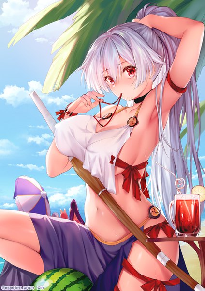 Anime picture 900x1273 with fate (series) fate/grand order tomoe gozen (fate) obiwan long hair tall image looking at viewer blush fringe breasts light erotic hair between eyes red eyes sitting holding signed sky silver hair cloud (clouds) outdoors