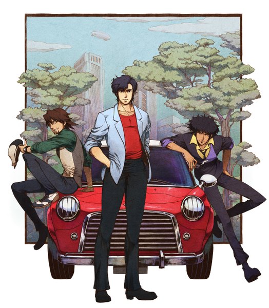 Anime picture 1200x1373 with tiger & bunny cowboy bebop city hunter sunrise (studio) mini cooper kaburagi t. kotetsu spike spiegel saeba ryou nira (niratoro) tall image looking at viewer short hair black hair simple background brown hair white background brown eyes sky cloud (clouds) black eyes