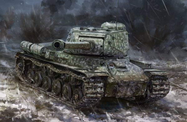 Anime picture 1400x918 with original kurokawa kenji winter smoke snow military weapon armor gun ground vehicle tank caterpillar tracks