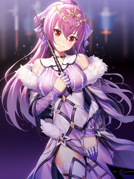 Anime picture 900x1200 with fate (series) fate/grand order scathach (fate) (all) scathach skadi (fate) ririko (zhuoyandesailaer) single long hair tall image looking at viewer blush fringe breasts light erotic simple background smile hair between eyes red eyes standing bare shoulders holding