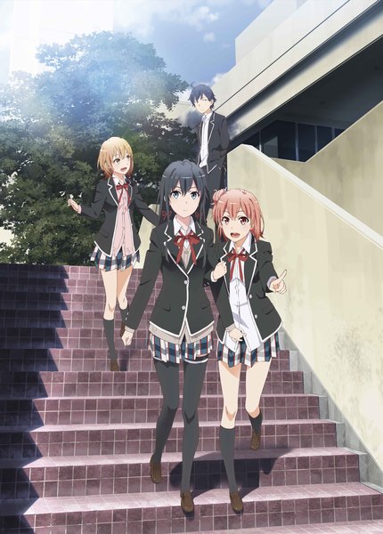 Anime picture 1862x2600 with yahari ore no seishun love comedy wa machigatteiru. brains base (studio) yukinoshita yukino yuigahama yui isshiki iroha hikigaya hachiman long hair tall image highres short hair open mouth blue eyes black hair blonde hair red eyes multiple girls brown eyes pink hair girl thighhighs