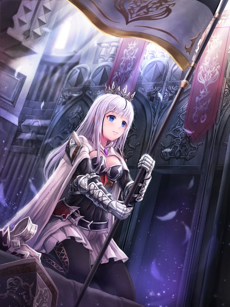 Anime picture 1397x1863 with original lunacle single long hair tall image blush fringe breasts blue eyes holding looking away cleavage silver hair indoors blunt bangs pleated skirt multicolored hair sunlight two-tone hair tears