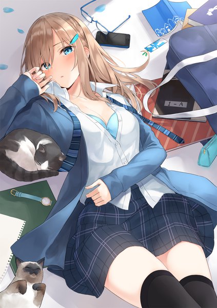 Anime picture 1000x1417 with original azuuru single long hair tall image looking at viewer blush fringe blue eyes light erotic brown hair cleavage lying parted lips hair over one eye on back zettai ryouiki sleeves past wrists plaid skirt partially open clothes