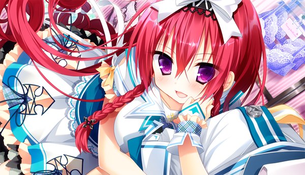 Anime picture 1427x820 with mayoeru futari to sekai no subete mizunomiya nana long hair looking at viewer blush open mouth wide image purple eyes game cg red hair braid (braids) girl dress bow hair bow