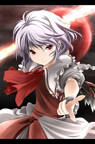 Anime picture 2590x3900 with touhou remilia scarlet koshi-kun (artist) single tall image looking at viewer highres short hair red eyes silver hair letterboxed red moon girl wings frills ascot spear the gungnir